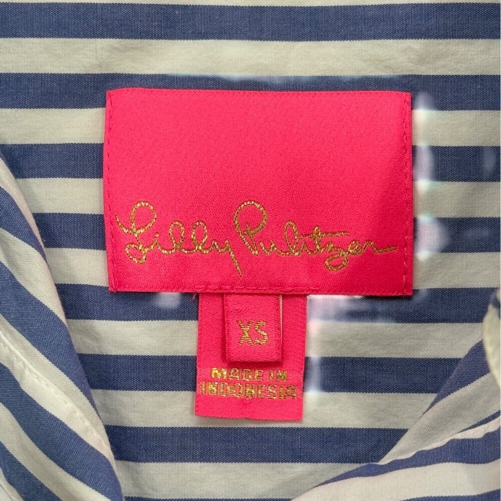 Lilly Pulitzer Womens XS Blue White Striped Top Button-Up Shirt With Tie Sleeves - Picture 3 of 7